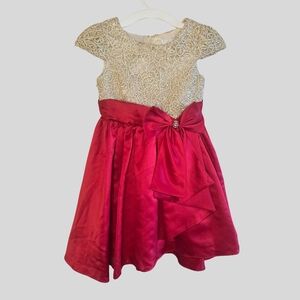 Rare Editions Embroidered Dress Toddler Girls Size 5 Red Gold Satin Bow Party